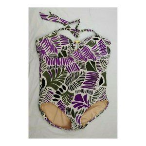 Lands End Womens One Piece Swimsuit Halter Tie Neck Purple Leaf Print 1X